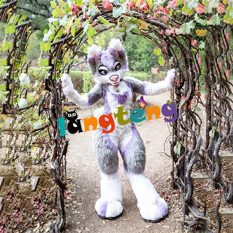 N422 Purple Grey Fox Dog Long Fur Fursuit Cartoon Cosplay Furry Mascot Costume For Adult