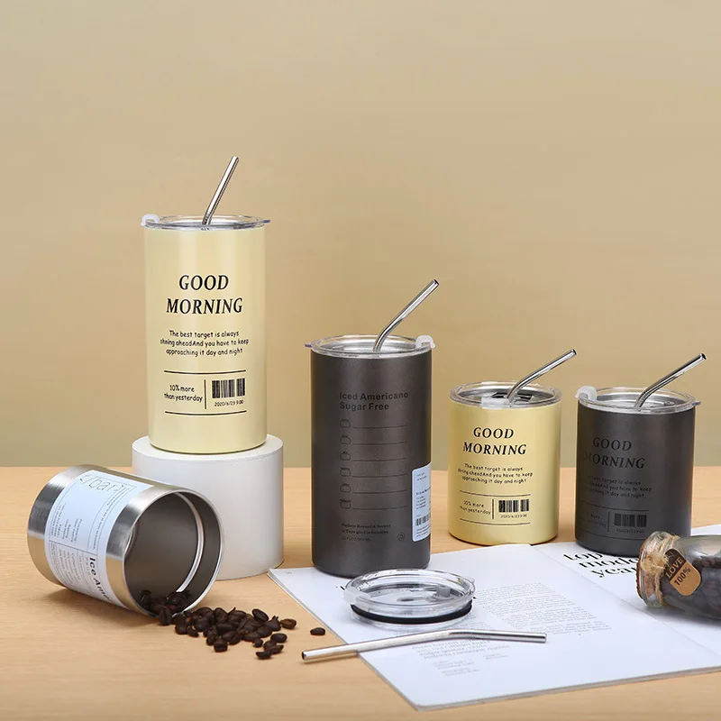 12oz Straight Mugs Ice Coffee Tumbler Stainless Steel thermos  Insulated Coffee Tea Mug Beer Drinking Cup  With Straw Lid