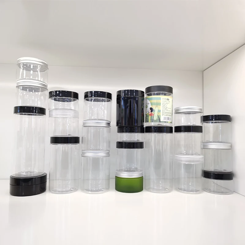 50ml 100ml 150ml 250ml clear amber black pet plastic cosmetic cream jar with plastic aluminum lid for cosmetic packaging