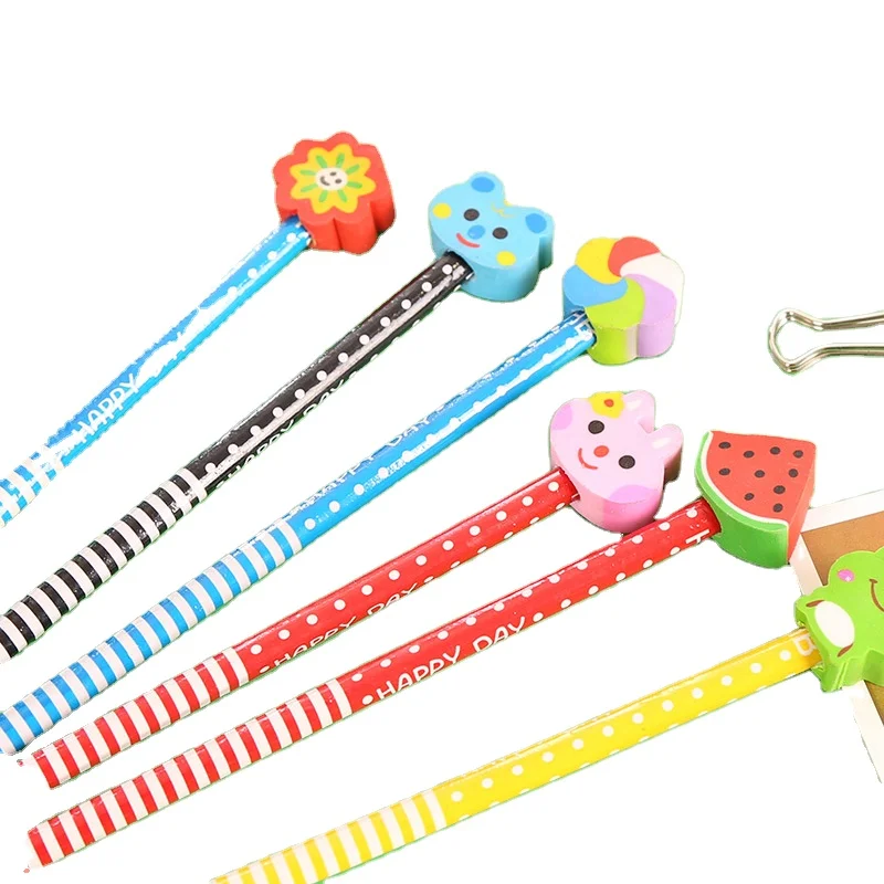 Ready to ship wholesale school stationery customized die-cut erasers kids lead custom printed cheap bulk wooden pencils