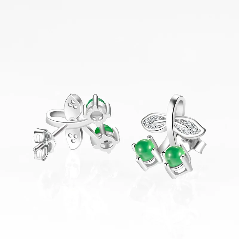 Natural jadeite sun green ear stud S925 silver inlay give appraisal certificate D620