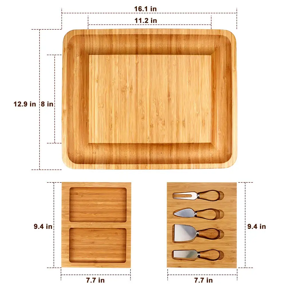 Best sell Large Bamboo Cheese Cutting Plates Board Set and Knife Set With Hidden Slide Drawers Wood Charcuterie Platter Board