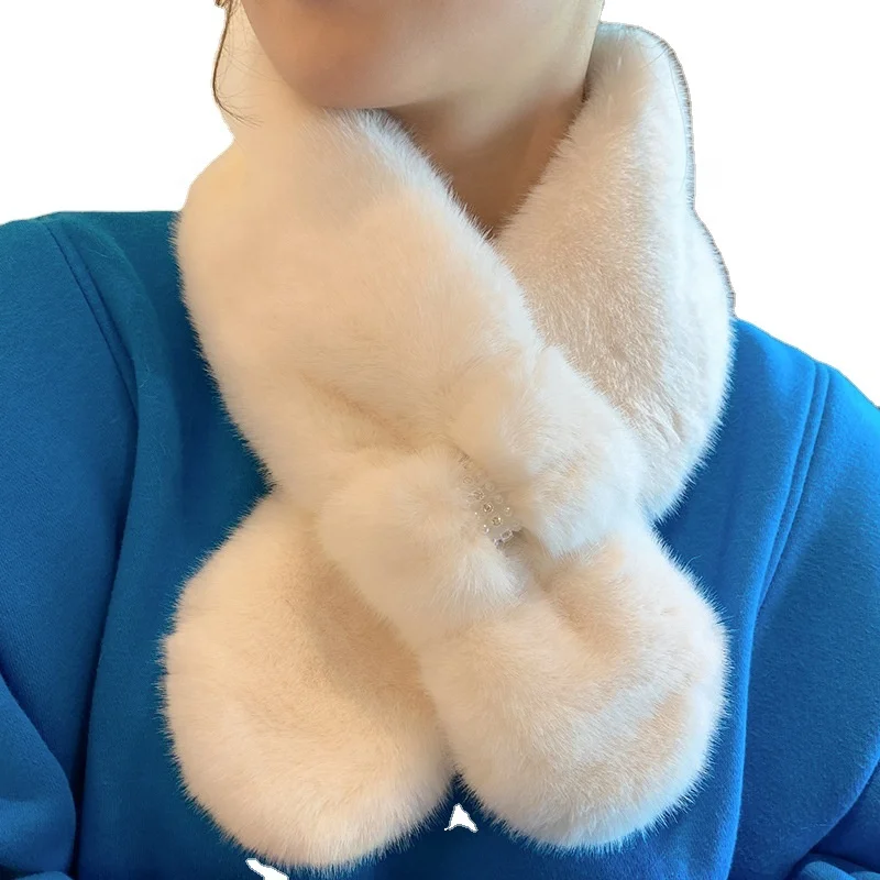 Scarf female winter Korean version of all wear protective neck small bib  Rex rabbit hair velvet collar 2021 new cross