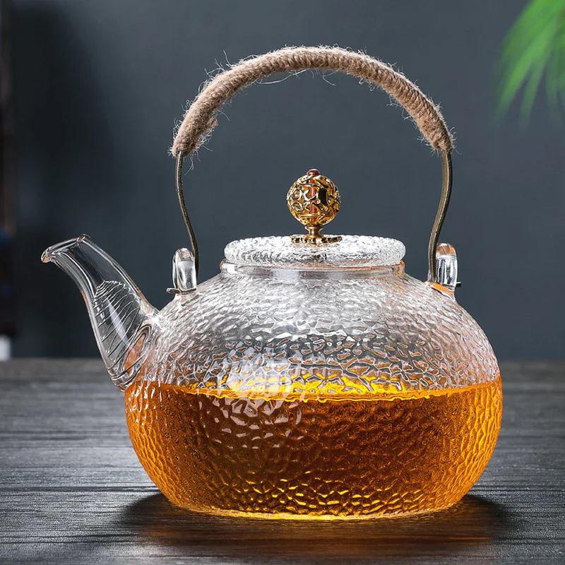 Wholesale Clear Glass Kettle With Copper Handle Teapot Microwave Safe Resist High Temperature Glass Teapot 700-900ML