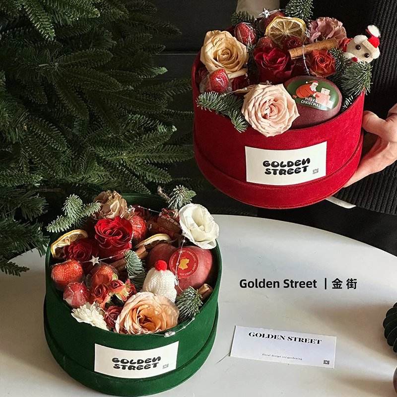 Factory Custom Christmas & New Year Red Round Gift Box with Handle | Flower Packaging & Floral Arrangement Gift Box