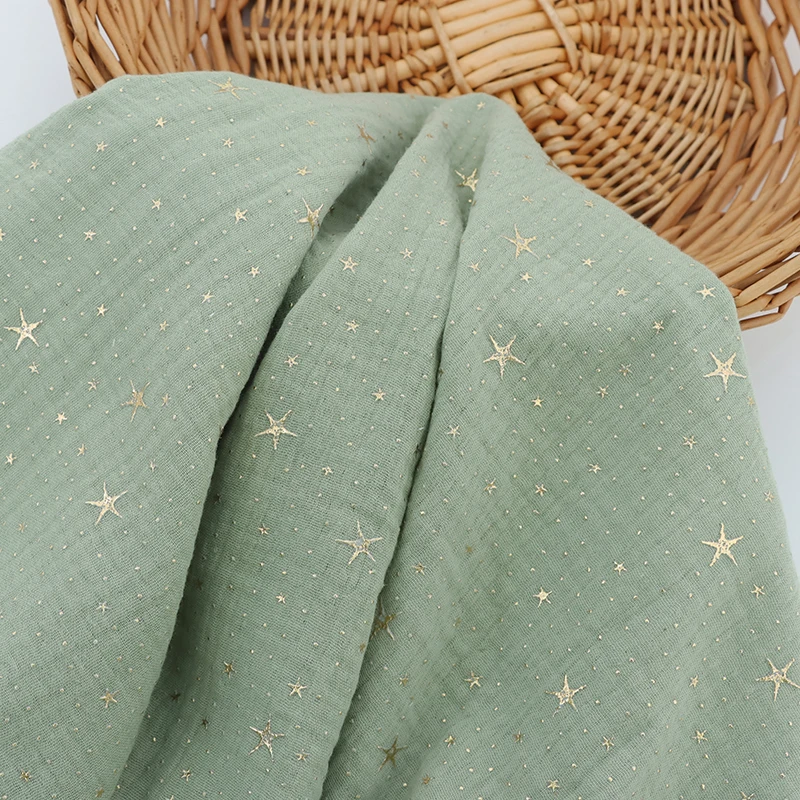 Custom Yellow Gold Sliver DIY 100% Cotton Double Gauze 3D Rubber Foil star Print Muslin Fabric for Baby