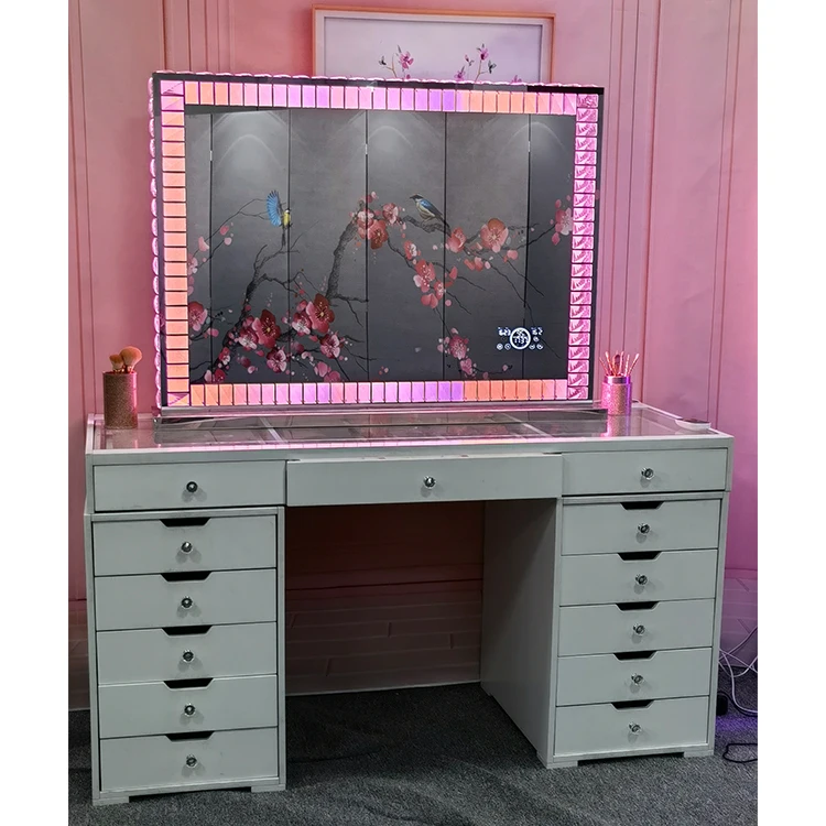 Luxury furniture bedroom 120*80cm square Rectangle Shape Desktop Led Crystal Vanity Mirror For Makeup Using