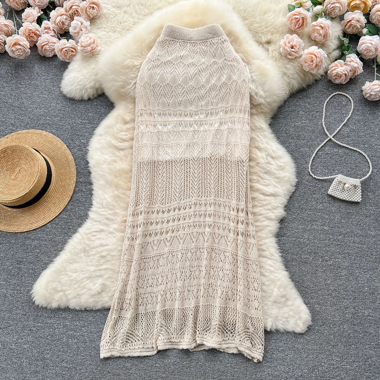 New Fashion Summer Slim Hollow Crochet French Long Knit Skirt