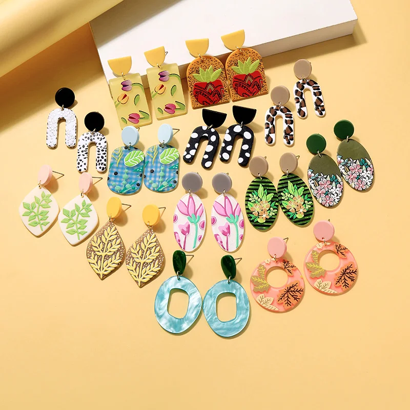 New Style Pink Green Resin Flower Custom Abstract Painted Faux Polymer Clay Acrylic Print Drop Earrings Statement Lot