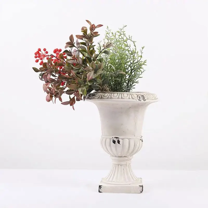 Vintage Metal Goblet Flower bowl shape vase Garden Classic retro white old vase European table flower arrangement decoration