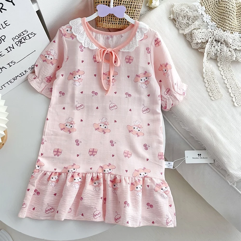 Kawaii пижама для девочек аниме Cinnamoroll Kuromi Melody летняя корейская детская одежда с мультяшным принтом кружевной воротник домашняя