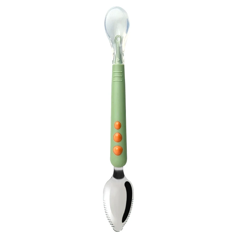2024 Baby Fruit Scraping Spoon Stainless Steel with Double-Ended Soft Silicone BPA Free Food Grade Feeding Product