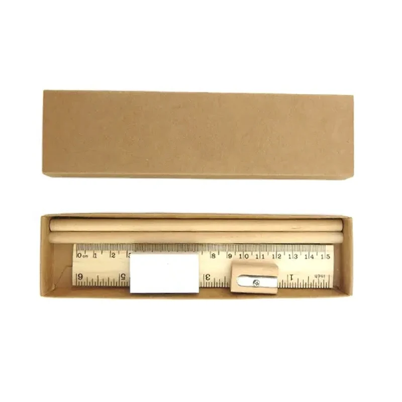Custom Eco Friendly Wooden Ruler Eraser Pencil Sharpener in Kraft Box Stationery Items for School Stationery Set Logo Printing