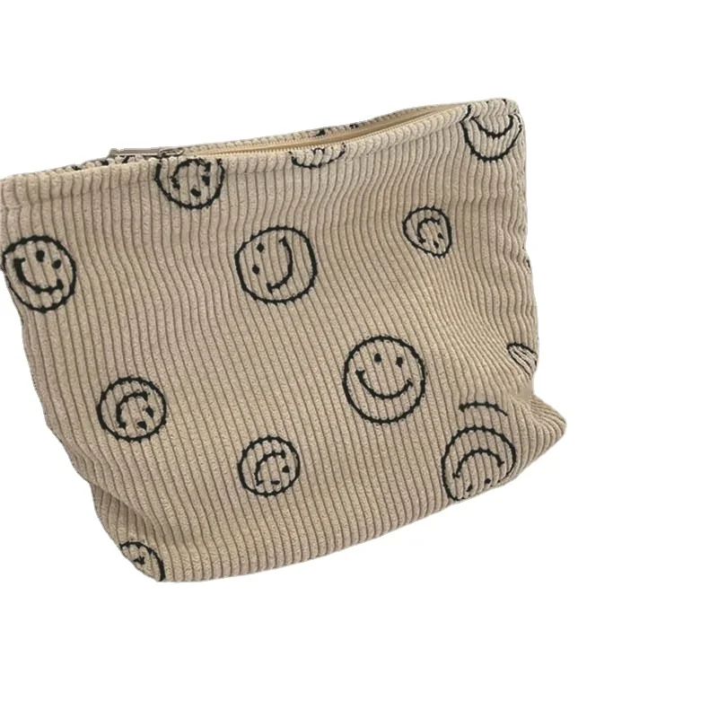 Autumn and Winter Vintage Corduroy Smiling Face Makeup Bag Lipstick Zero Money Bag Large Capacity Portable Storage Bag