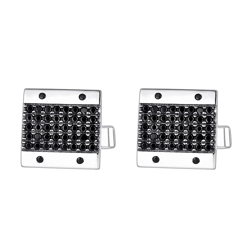 Factory Wholesale Classic Square Cufflinks 925 Sterling Silver Cuff Links with 3A Cubic Zirconia and black spinel stone