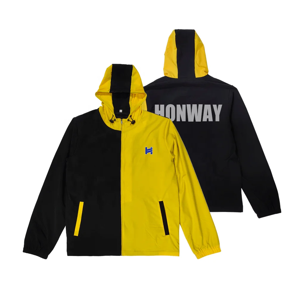 Custom Unisex Street Wear Windbreaker Jacket Front Zip Colorblock Hoodies Casual Sports 100% Nylon Winter Long Jacket For Men