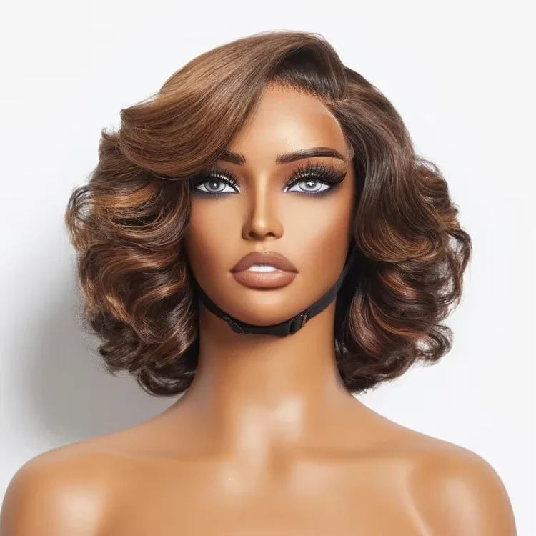 New Fashion Mature Boss Brown Ombre Highlight / Natural Black Loose Wave Human Hair Glueless 5x5 4x4 Lace Closure Wigs for Women