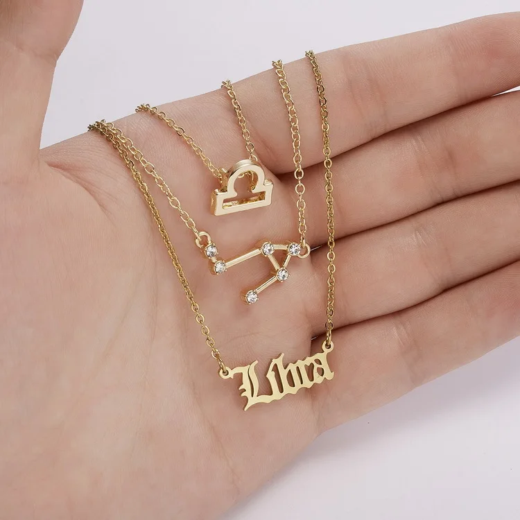 Alloy Jewelry Pendant Necklaces Custom Name 18k Horoscope Sign Zodiac Necklace Three Piece Set