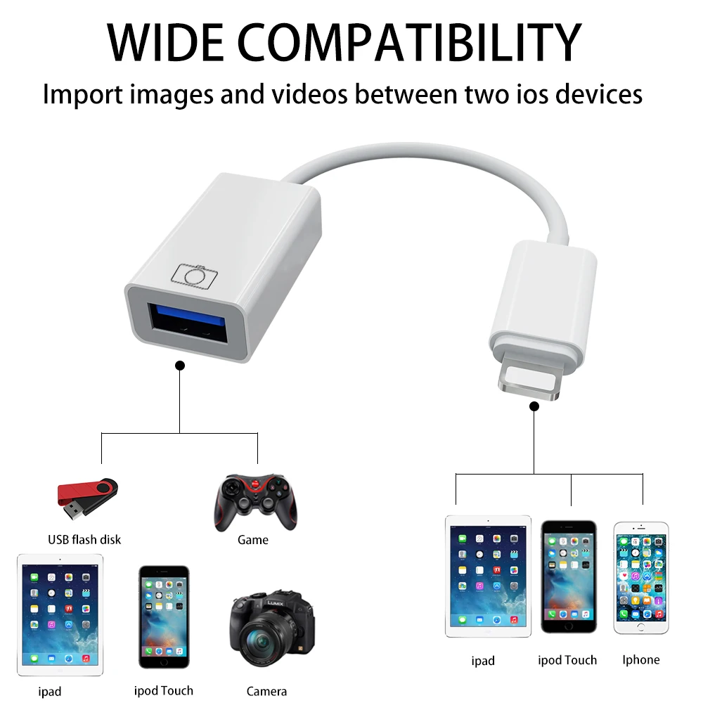 Lighting OTG 8 Pin to USB Female Data Sync Cable Compatible with iPhone