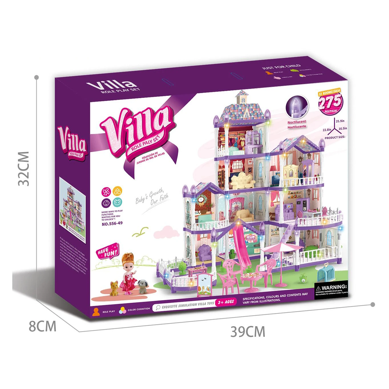 New releases dollhouse 275PCS DIY house &doll toy with noctilucent villa toy
