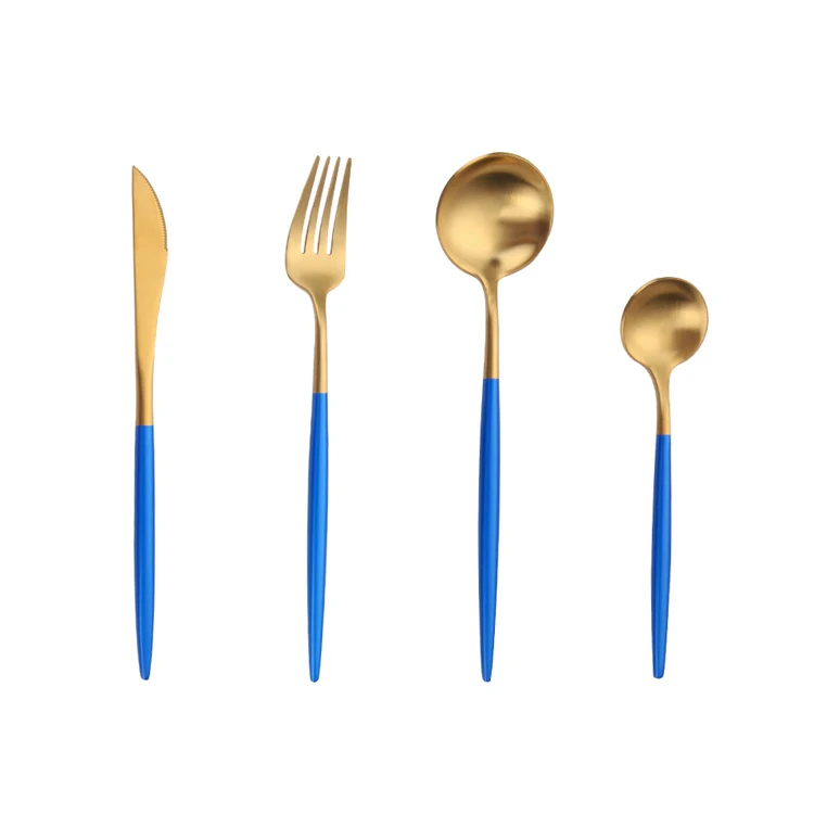 
2021 new arrivals customizable logo hot selling cutlery stainless steel blue gold flatware, spoon and fork 