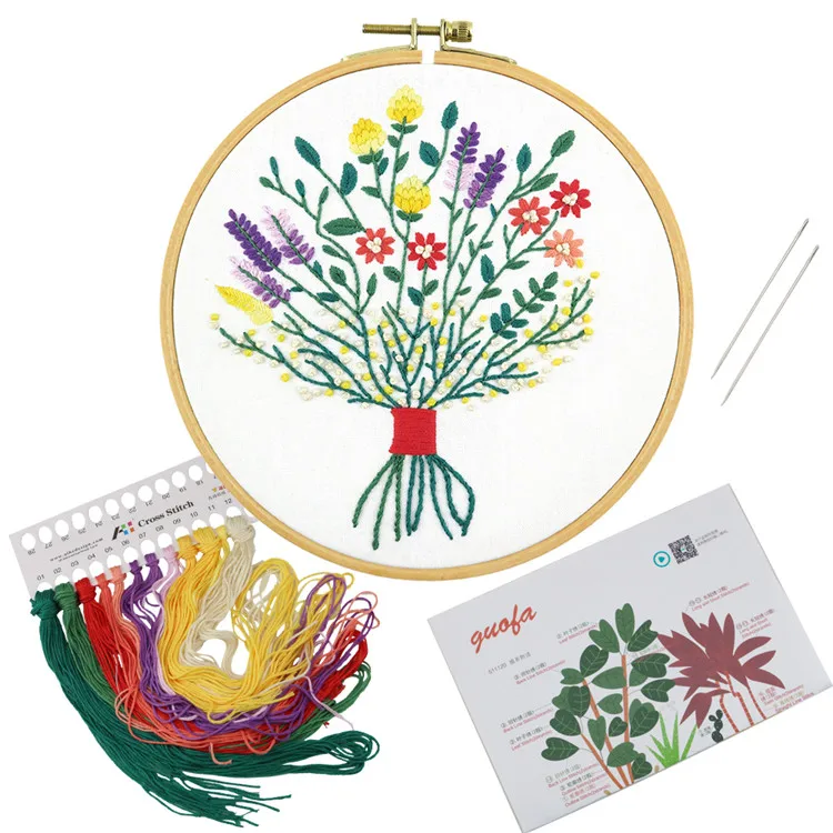 In Stock Custom Hand Flower Bouquets Print Cross Stitch Starter Kit DIY Embroidery Beginner Kit With Plastic Frame