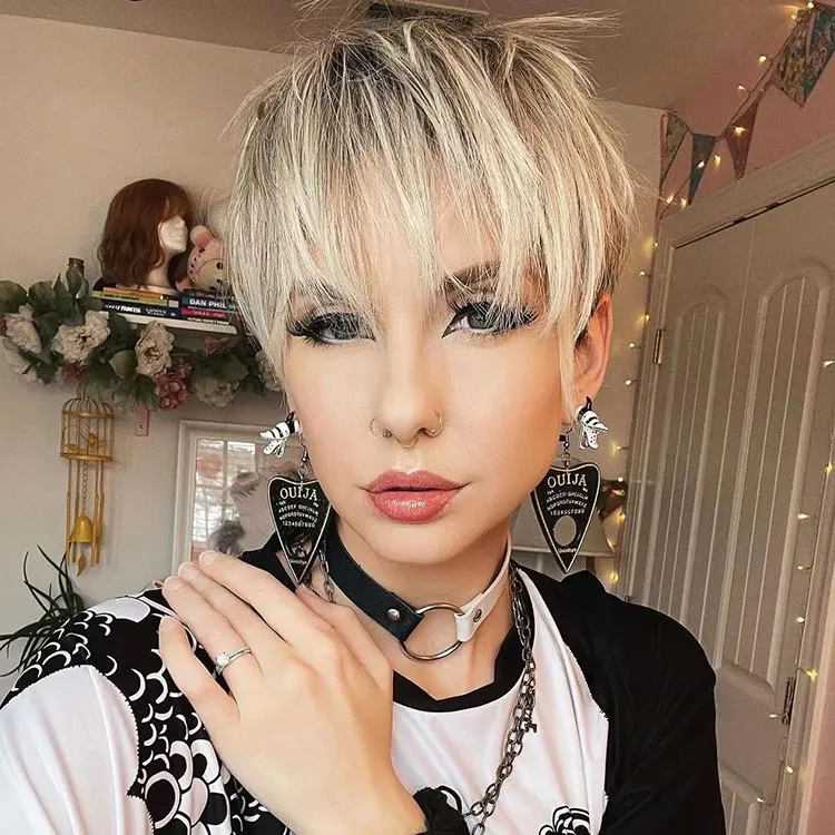 Celebrity Cheap Ash Blond Color Synthetic Wholesale Short Pixie Cut Heat Resistant Fiber Machine Sew Synthetic Hair Wigs