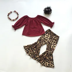 fall/winter baby girls children clothes set outfits boutique leopard milk silk wine ruffles top pants cotton match accessories