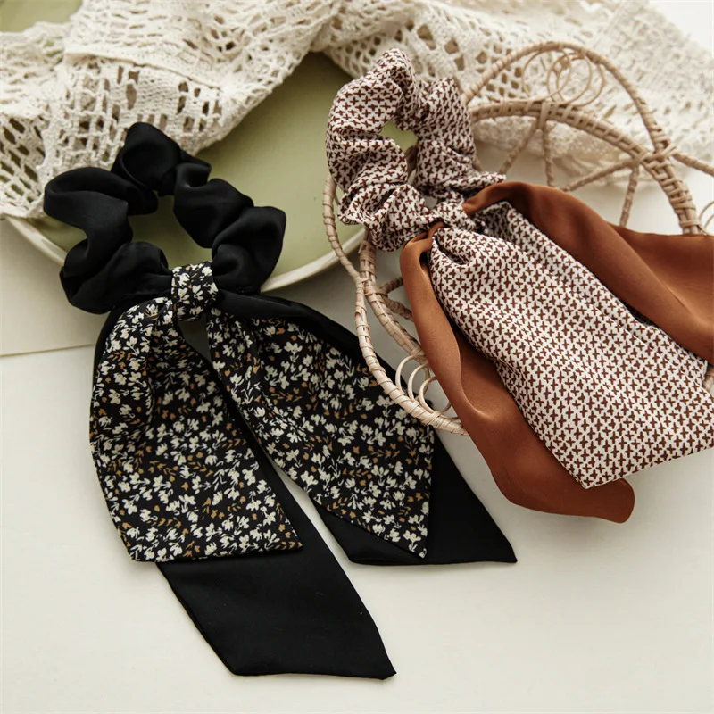 Fashion Elastic Floral Hair Bands Girls Bow Scrunchies Korean Flower ponytail Double-deck Scarf Hair Ties Hair Accessories