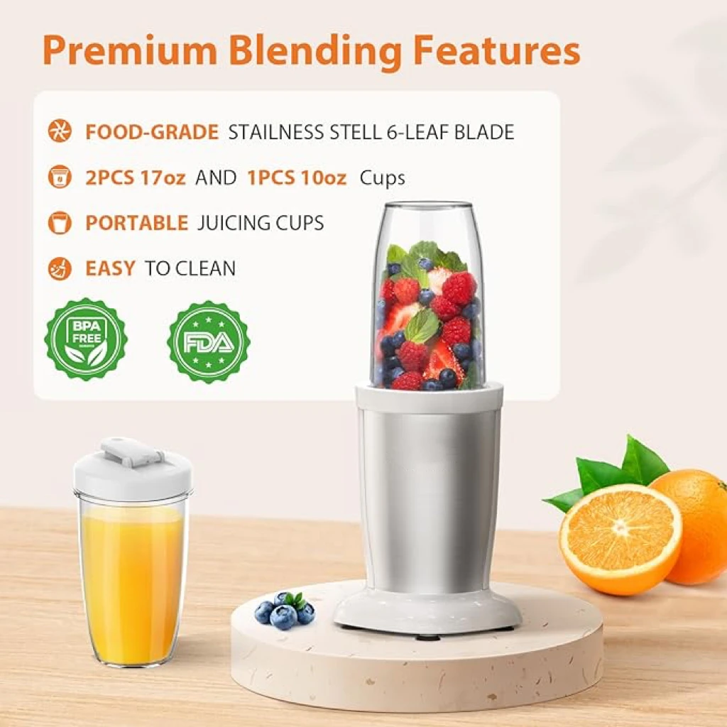 900W Personal Kitchen Mixer Milkshakes Smoothies Baby Food Juicing Beans Nuts Spices Proteins-6-Blade 2x500ML 300ML Cups