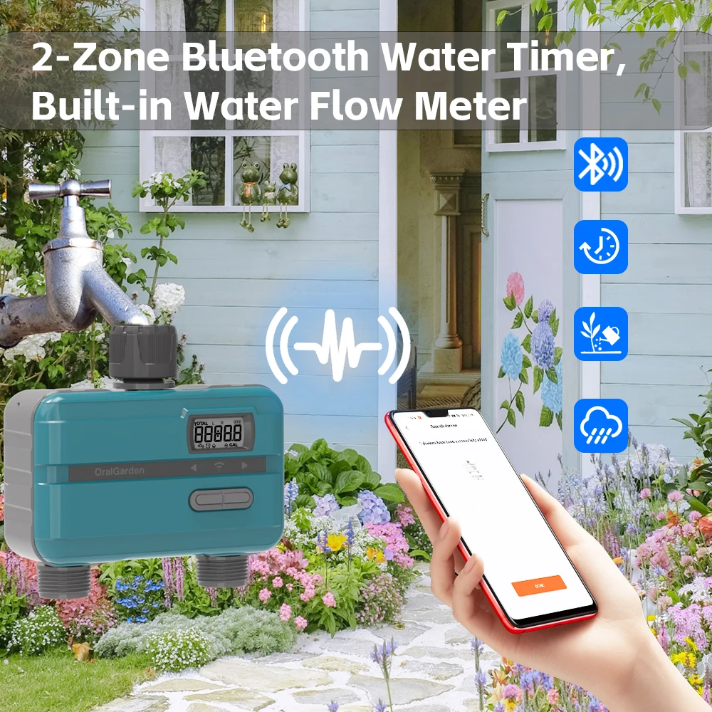 Water Timer 2 Outlet for Garden Hose, Irrigation Timer for Outdoor Watering, Rain Delay/Manual/Automatic Controller Brass Inlet
