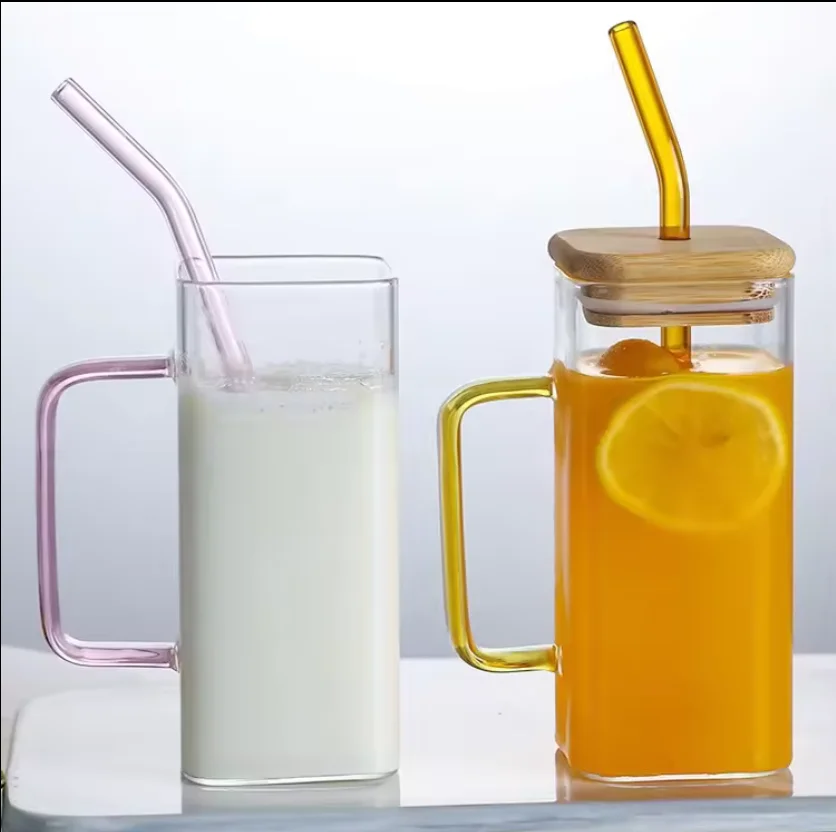 Hot Sale Square high borosilicate glass cup Heat Resistant Transparent Coffee Glass Cups Mug With Color Handle