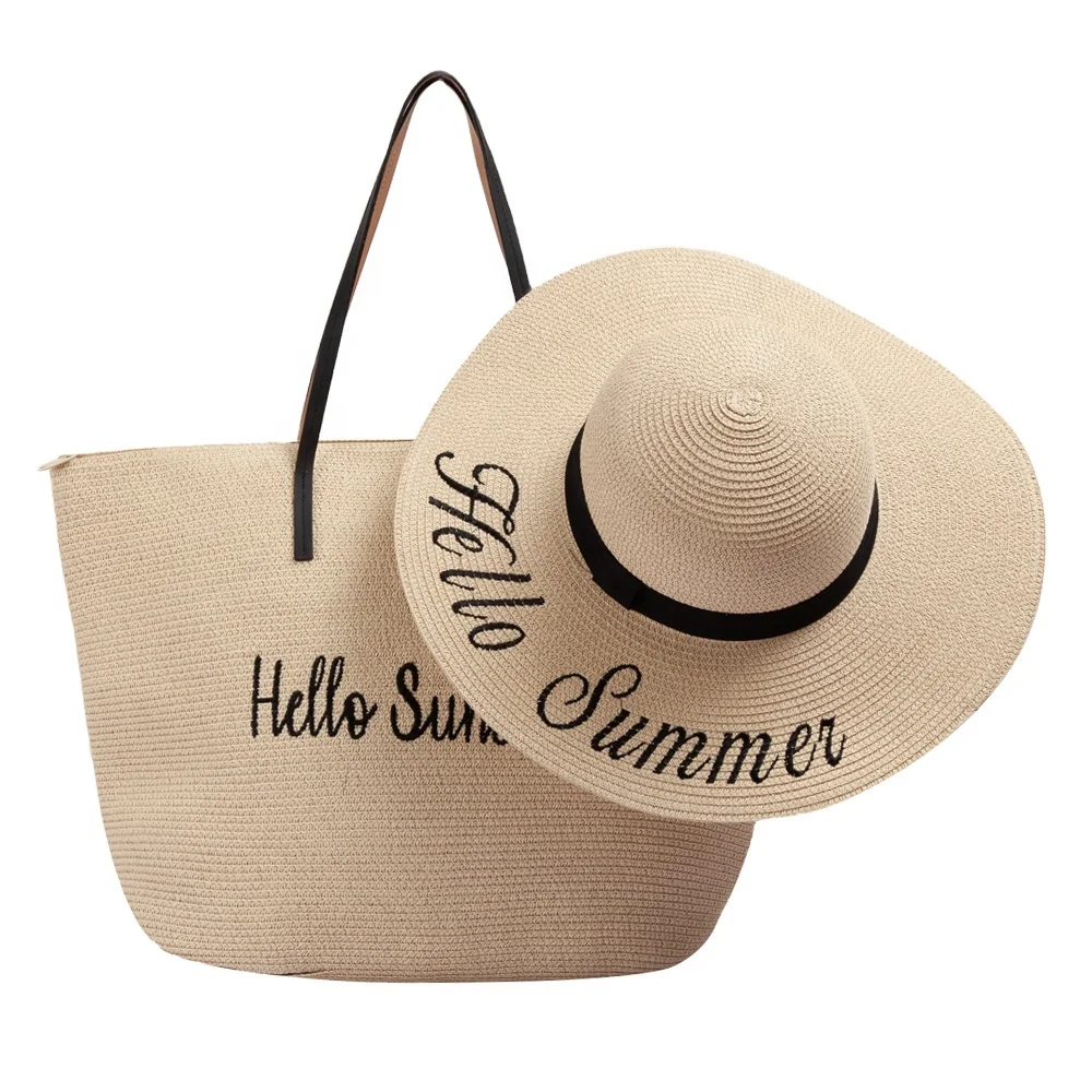 JAKIJAYI wholesale ladies paper straw beach bags 2022 trend women summer hello sunshine beach straw bag with floppy straw hat