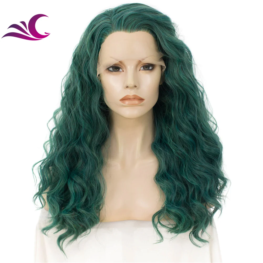 Celebrity Wholesale Anime Cosplay Wigs Dark Green Colour Heat Resistant Lace Synthetic Curly Hair Lace Wigs for Drag Queen