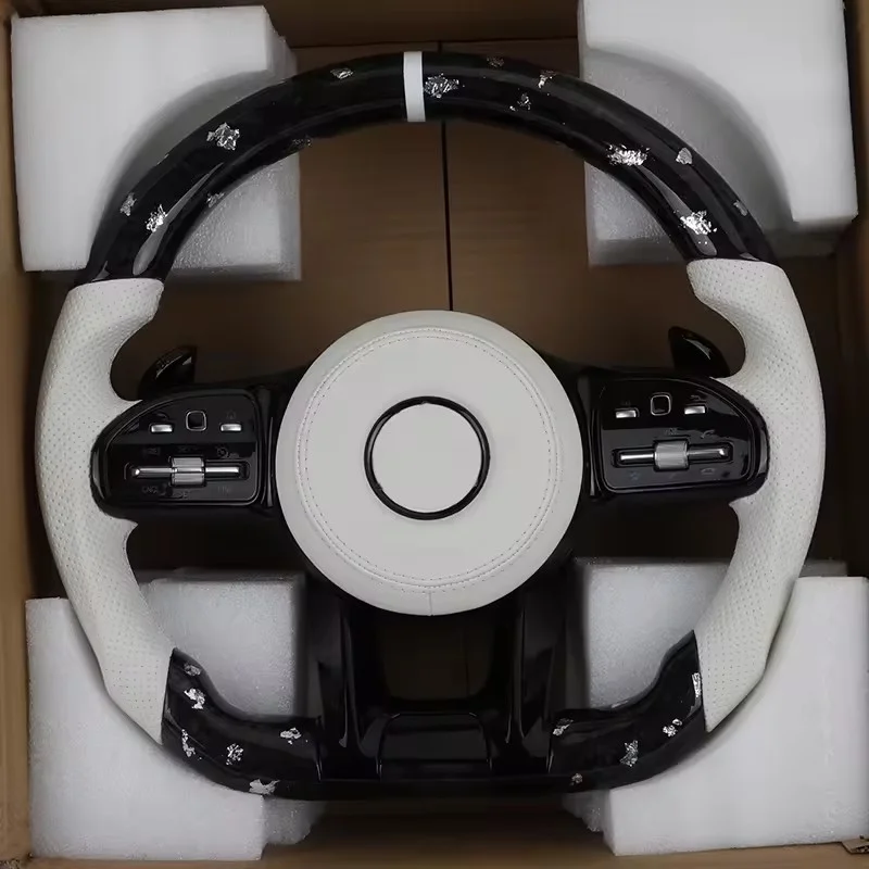 White Half Leather Forged Carbon Fiber Steering Wheel for Mercedes Benz W204 W205 W211 W213 W212 W222 EQA E550 G63 C63 AMG GT