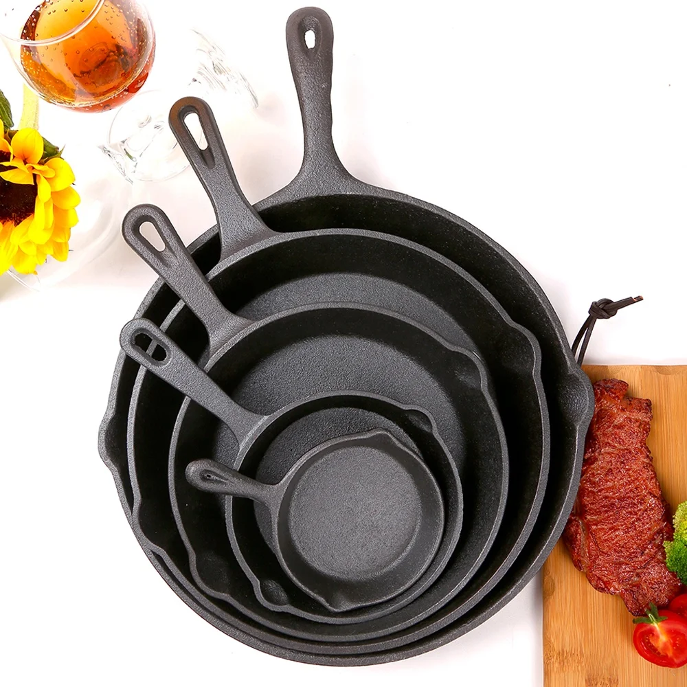 wholesale custom pre-seasoned 5 piece cast iron non stick deep outdoor camping  skillet frying pans pan double handle