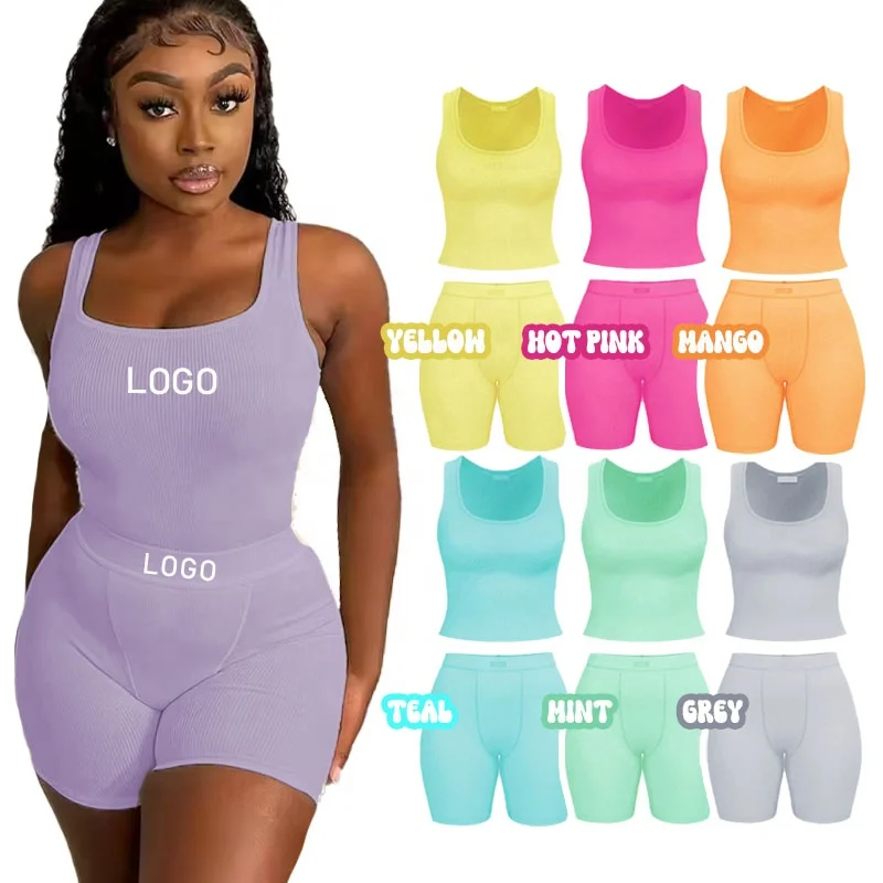 Custom LOGO summer high quality cotton yellow pink teal mango ribbed t shirts tank top shorts leggings sexy 2 piece lounge wear