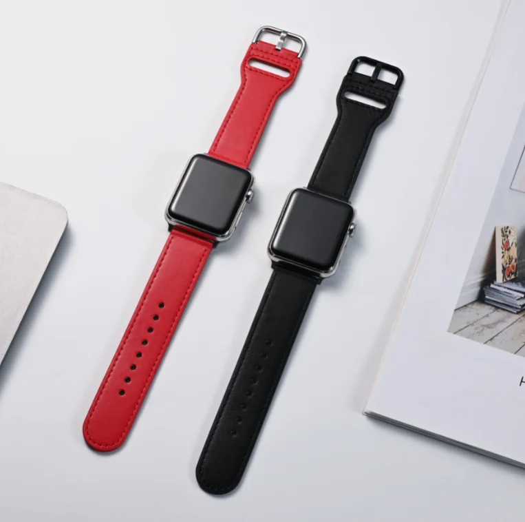 Кожаный ремешок для часов Apple Watch с квадратной пряжкой однотонный кожаный