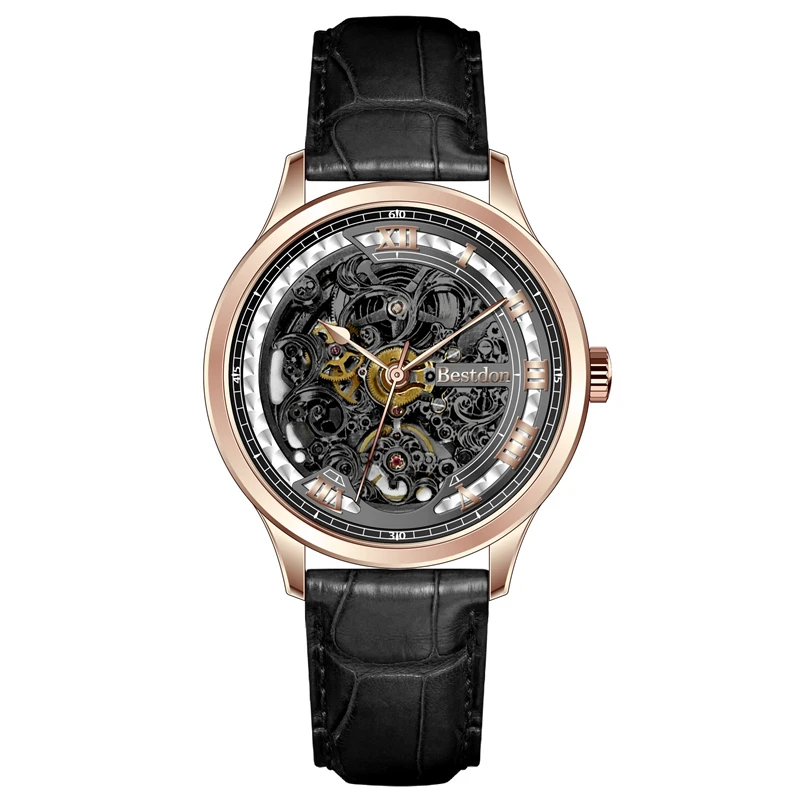 Fashion Mens Genuine Leather Waterproof Stainless Steel Case CNC Cut Flower Dial Skeleton Automatic See Through Watch