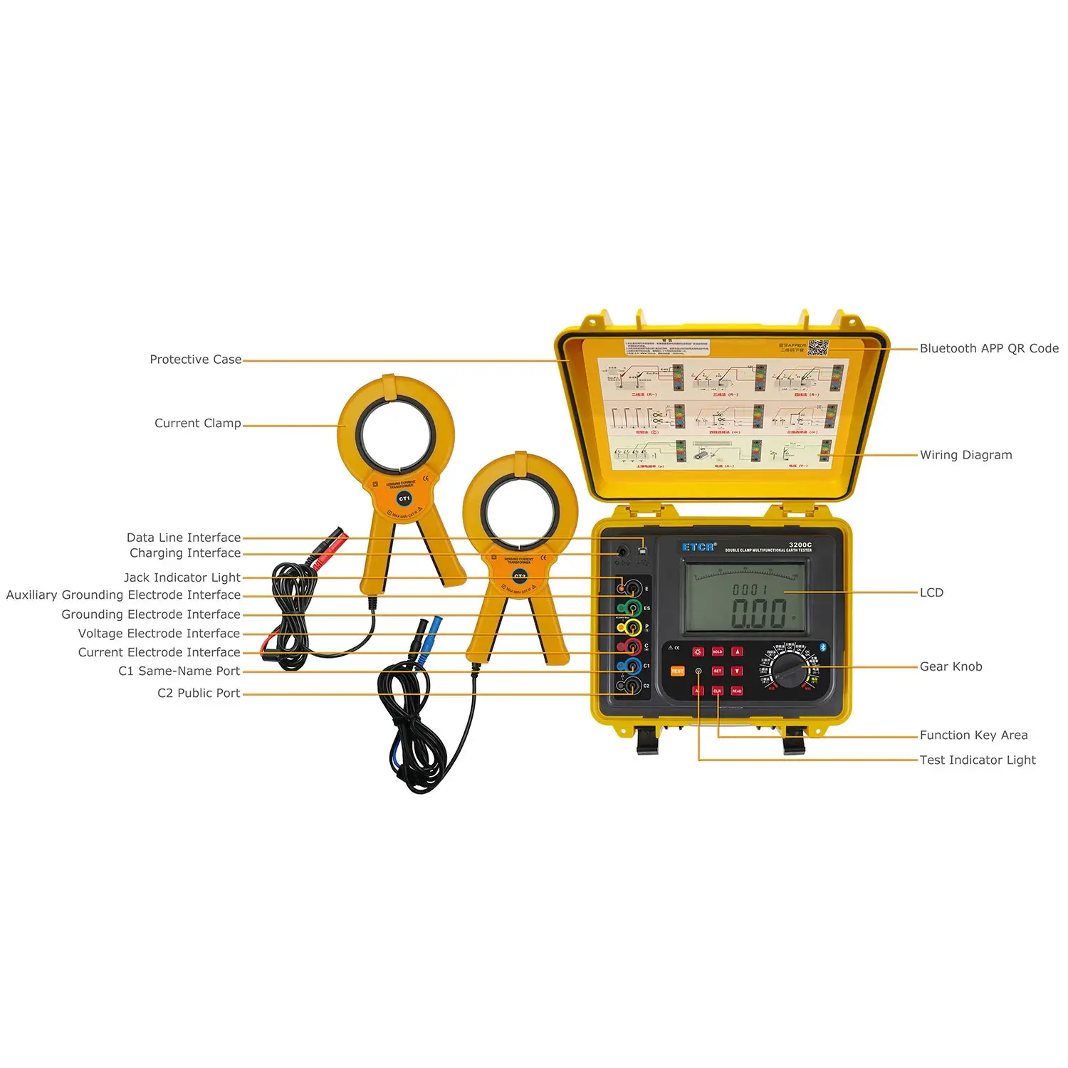 ETCR3200C  New Design Resistance Tester Waterproof Double Clamp Ground Resistance Meter Test Tool  With Big Screen