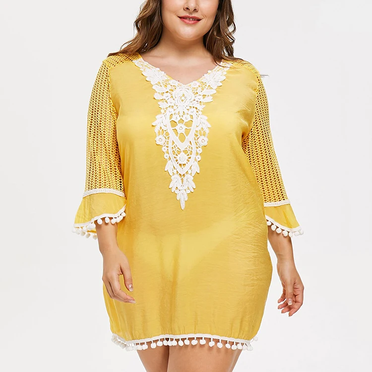 High Quality Summer Lady Yellow Plus Size Women Long Sleeve Dress For Fat Women