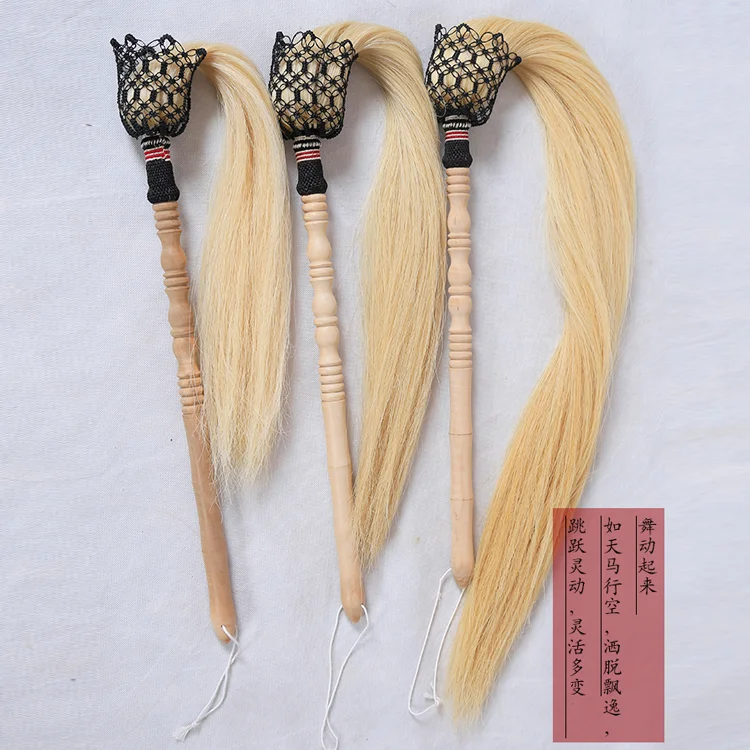 Peach Wooden Handle White And Black Horse Tail Hair Tai Chi Fly Whisk