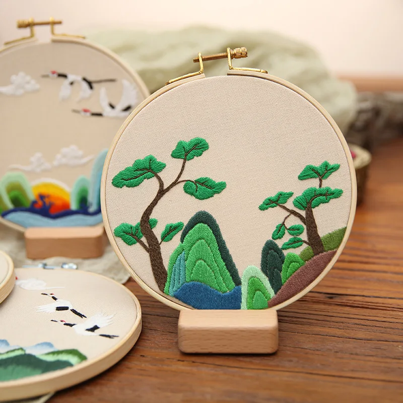 Flying Crane and Green Pine Diy Sewing Art Crafts Stamped Cross Stitch Embroidery Kit