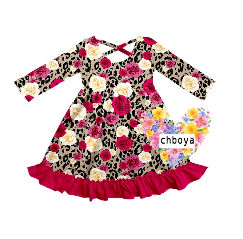 baby frock designs wholesale full sleeves rose pattern leopard print fashion cartoon children ruffled dress