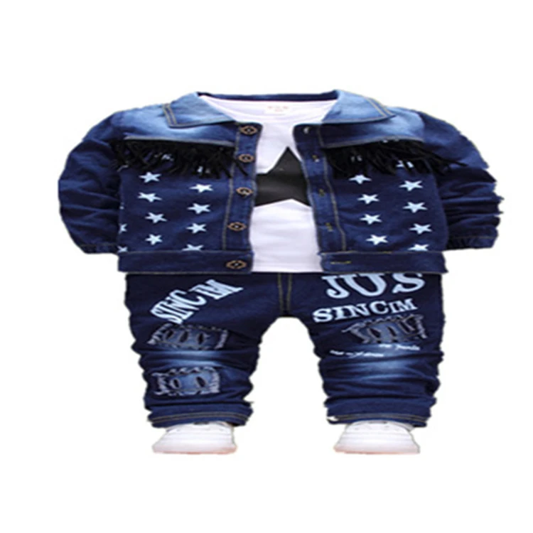 hot sale  fall and winter kids boutique clothes fashion long-sleeve denim jacket and t-shirt and jeans 3-piece sets boys