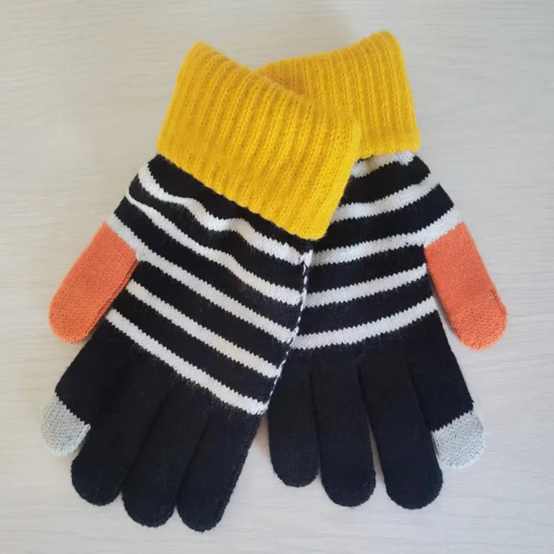 Зимние перчатки мужские и женские двухслойные плотные Полосатые Шерстяные перчатки с ворсом