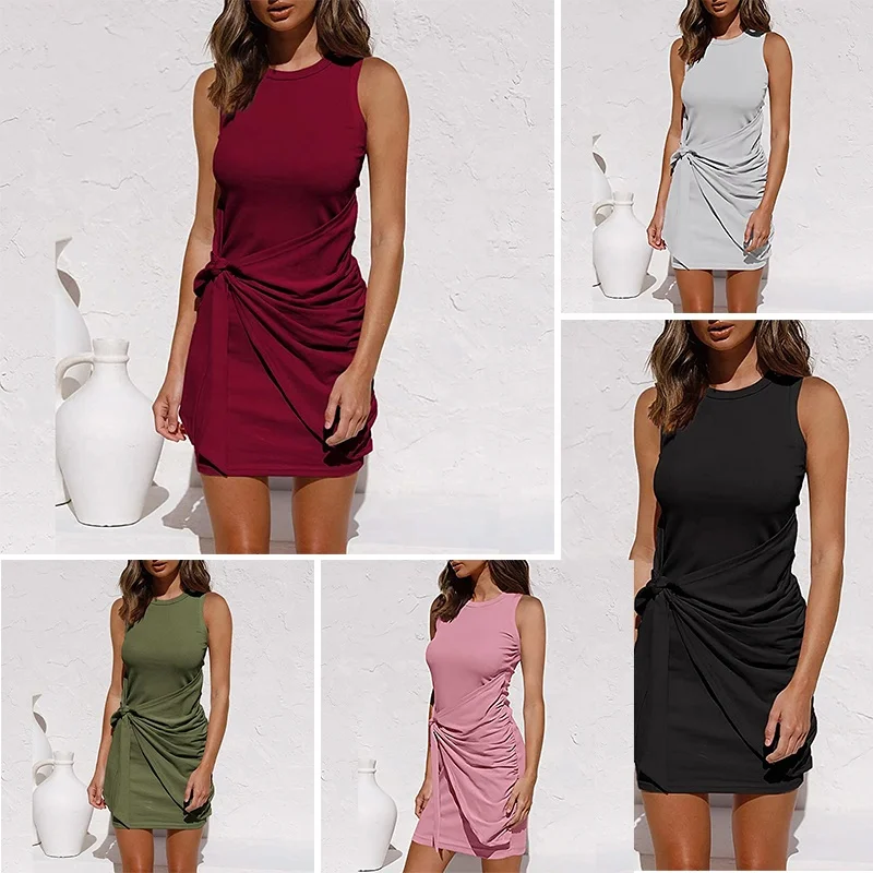 2022 Оригинальное OEM ODM hi низкое платье без рукавов с поясом, однотонные женские повседневные платья