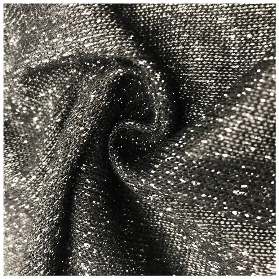 Hot-selling metallic stretch fabric 145gsm yarn dyed metallic hacci jersey 53.2%T 22.8%R 19%METAL 5%SP fabric for hoodies
