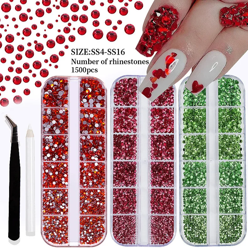 12Grids SS4-SS16 Mixed Nail Rhinestones Red /Green Diamond Nail Gems Flat-back Glass Stones Nail Charms with Wax Pen Picker