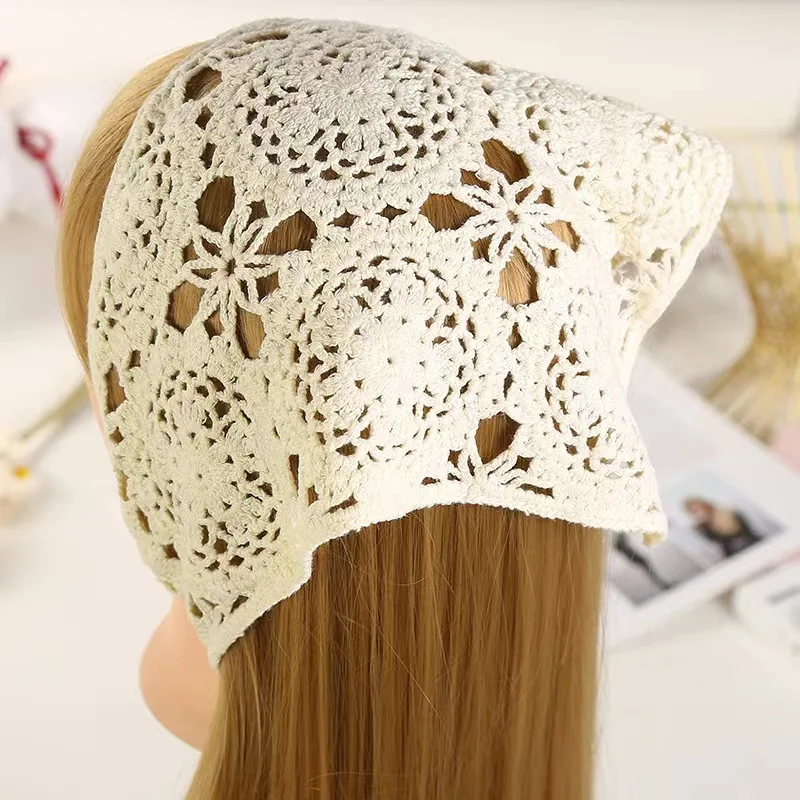 2023 New Arrivals Fashion Girls  Crochet Headwear Pure White Solid Color Fresh Knitted Hair Scarf Triangle Headbands For Women